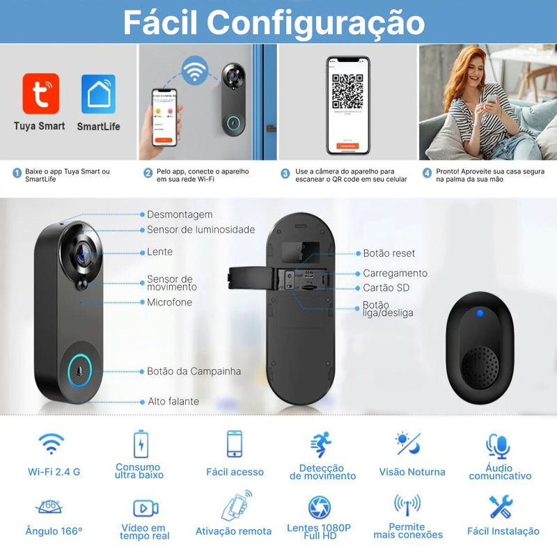 Campainha Inteligente Wi-Fi com Visão Noturna e Intercomunicador